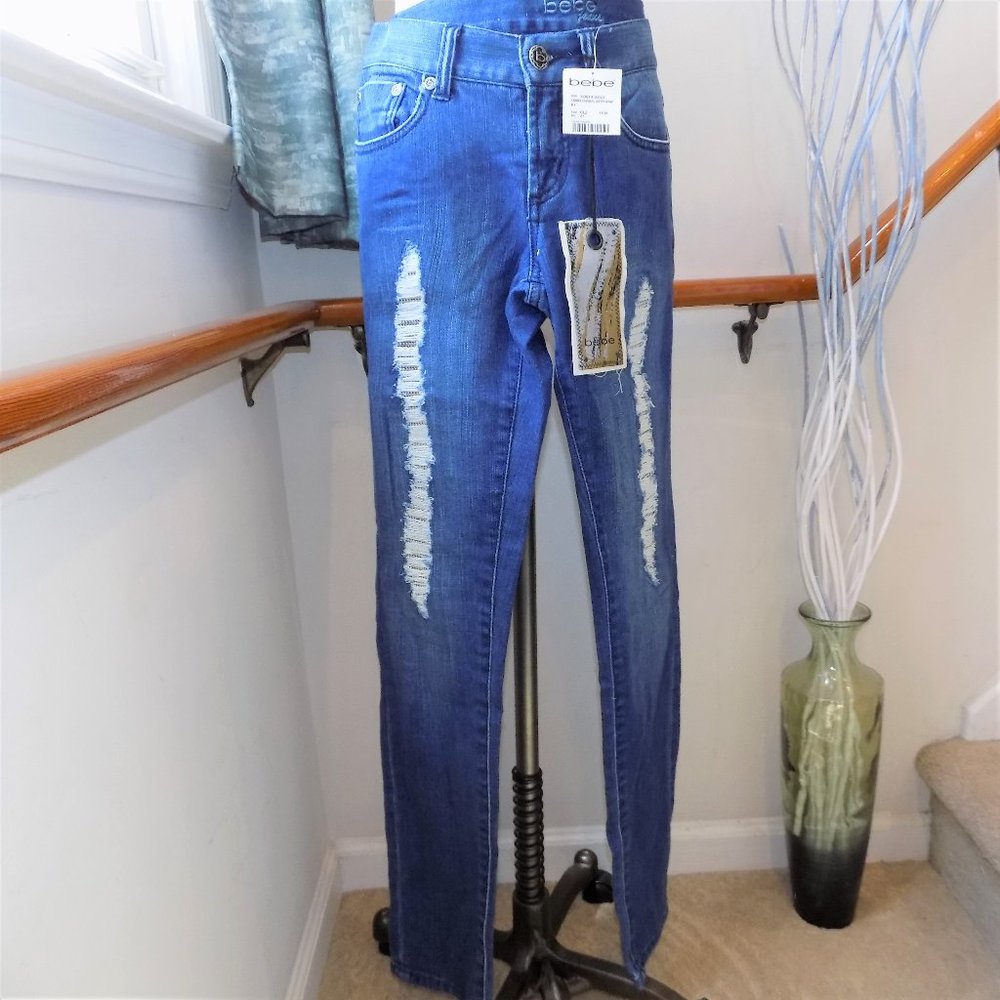 BEBE Slim Fit Ripped Jeans Sequins Underlay Size 27